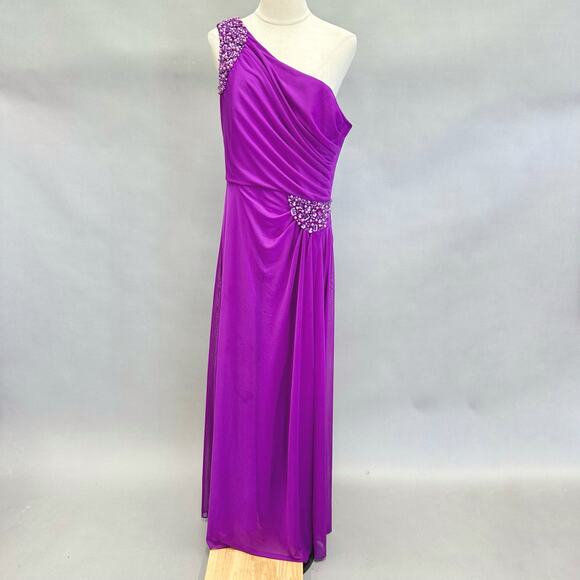 Alex Evenings purple one shoulder ruched Grecian style beaded gown size 12 - Picture 1 of 16